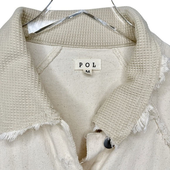 POL Boho Cream Distressed Denim Fringe Mixed Media Women’s Oversized Jacket Sz M - Picture 3 of 12